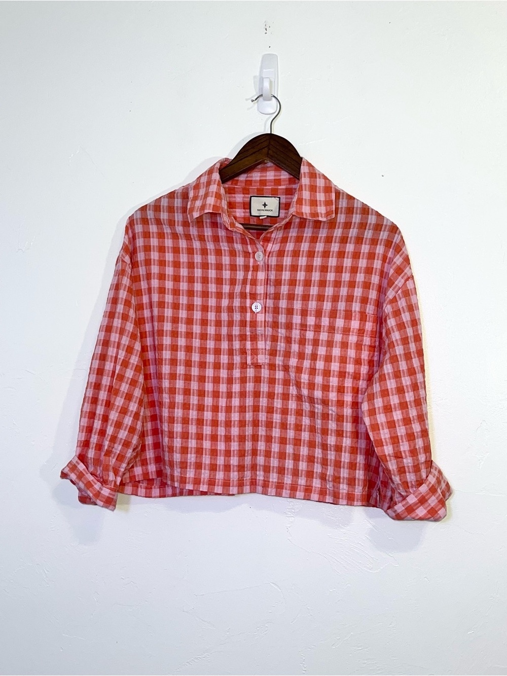 Tuckernuck Gingham Cotton Seersucker Cropped Popover Blouse Top Women's S - Picture 3 of 7